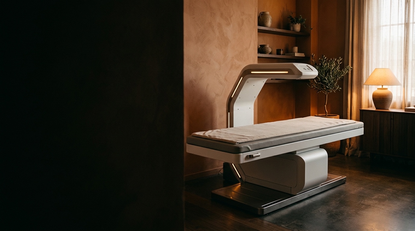 A DEXA body-composition scanner in a warm clinical suite