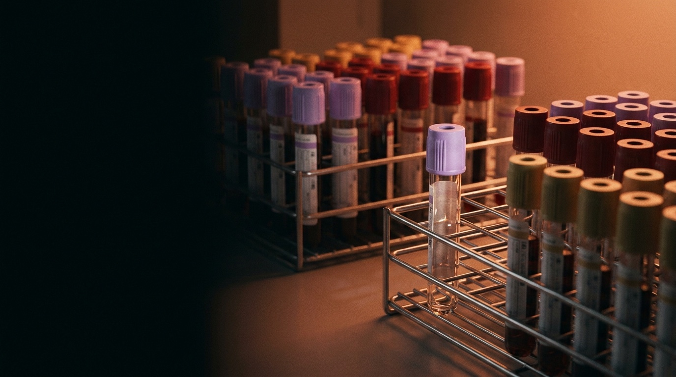 A blood vial beside a lab report